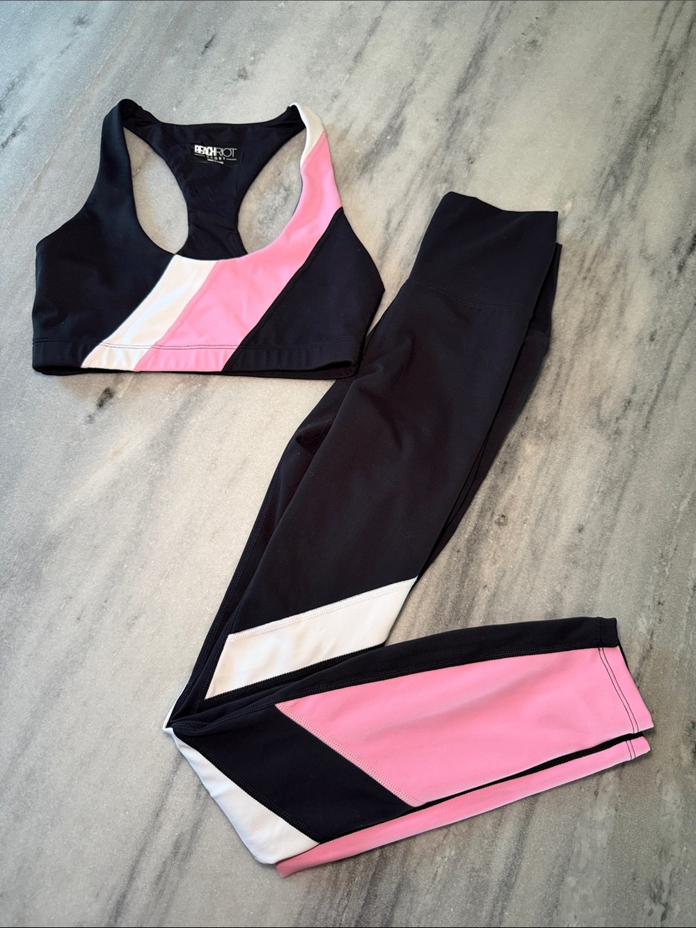 Beach Riot Black, Pink & White Colorblock Performance Legging and Sports Bra Set